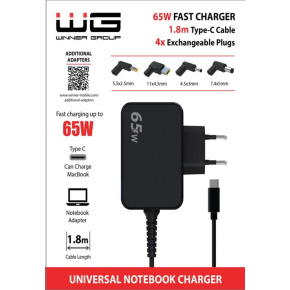 WG - Univerzální nabíječka 65W pro notebook s Type-C konektorem, + 4 adaptéry, kabel 1,8 metrů WG - Univerzální nabíječka 65W pro notebook s Type-C konektorem, + 4 adaptéry, kabel 1,8 metrů