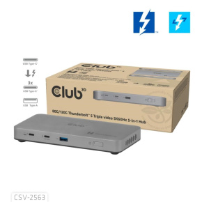 Club3D hub Thunderbolt 5 5v1, 3x USB-C TB5, 1x USB-A, 1x8K60Hz, 3x 5K60Hz, certifikace Thunderbolt Share, 180W