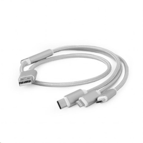 GEMBIRD Kabel USB A Male/Micro B + Type-C + Lightning, 1m, opletený, stříbrný, blister