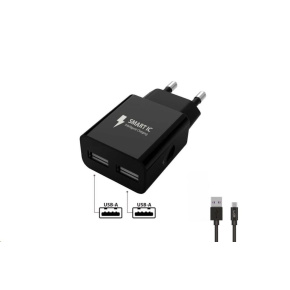 WG - Síťová nabíječka 2x USB-A 2,4A , Smart IC + kabel USB-A na Type-C, black WG - Síťová nabíječka 2x USB-A 2,4A , Smart IC + kabel USB-A na Type-C, black