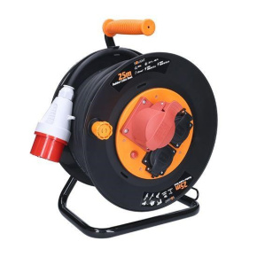 Solight prodlužovací přívod na bubnu, 3 zásuvky, 400V + 230V, 25m gumový kabel 5x1,5mm2, IP44