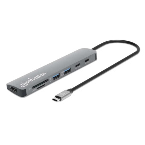 MANHATTAN Dokovací stanice USB-C 7v1, 1xHDMI, 2xUSB-C, 2xUSB, čtečka SD karet, šedá MANHATTAN Dokovací stanice USB-C 7v1, 1xHDMI, 2xUSB-C, 2xUSB, čtečka SD karet, šedá