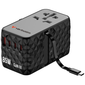 VERBATIM GaN Nabíječka do sítě s vestavěným USB-C kabelem Charge 'n' Travel, 85W, 4xUSB-C, 1xUSB VERBATIM GaN Nabíječka do sítě s vestavěným USB-C kabelem Charge 'n' Travel, 85W, 4xUSB-C, 1xUSB