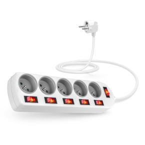 CONNECT IT prodlužovací kabel 230V, 5 zásuvek, 2m, s vypínači, bílá