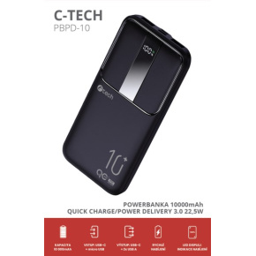 C-TECH Powerbanka 10000mAh, Li-Pol, 22,5W, USB-C/USB-A/micro USB C-TECH Powerbanka 10000mAh, Li-Pol, 22,5W, USB-C/USB-A/micro USB