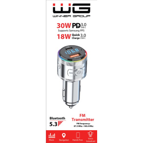 WG - Nabíječka do auta, Transmitter FM, USB-A QC 3.0 18W + USB-C PD 30W, stříbrná WG - Nabíječka do auta, Transmitter FM, USB-A QC 3.0 18W + USB-C PD 30W, stříbrná