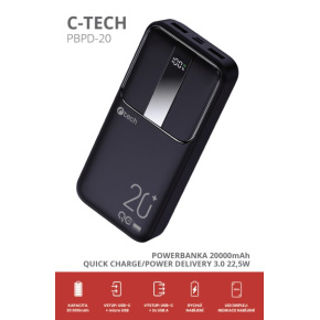 C-TECH Powerbanka 20000mAh, Li-Pol, 22,5W, USB-C/USB-A/micro USB