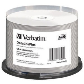 VERBATIM CD-R(50-pack) spindl, AZO 52X,700MB,WHITE WIDE PRINTABLE SURFACE NON-ID VERBATIM CD-R(50-pack) spindl, AZO 52X,700MB,WHITE WIDE PRINTABLE SURFACE NON-ID